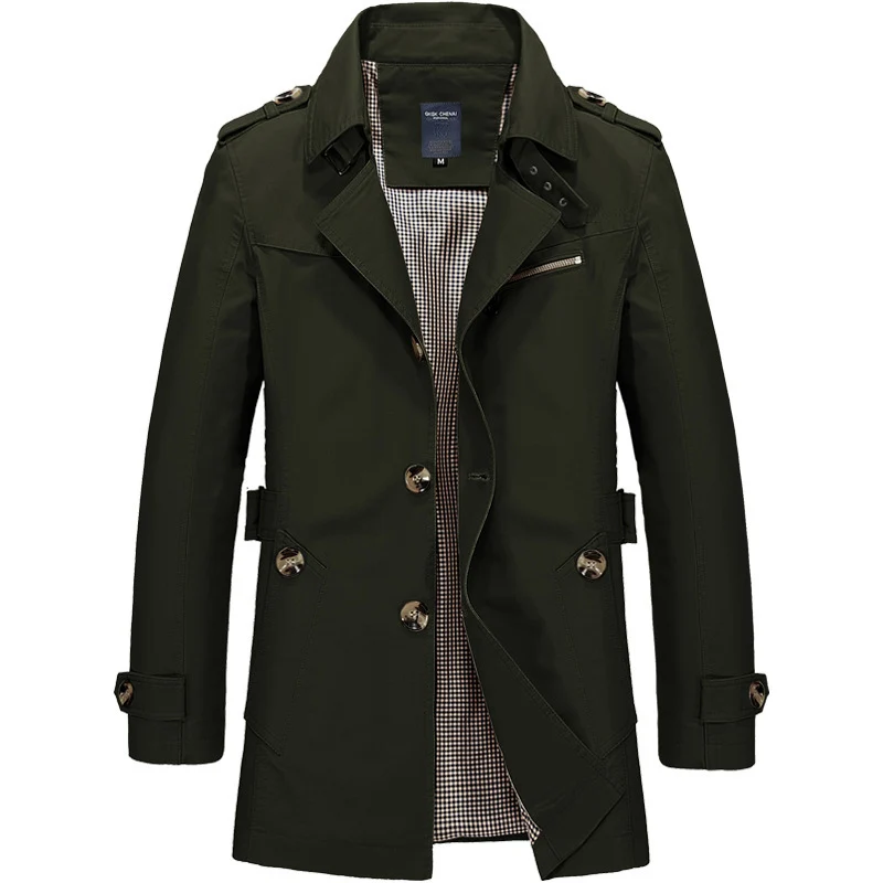 Herren Kurzer Doppelreihiger Trenchcoat mit Reverskragen, Schulterklappen und karierter Innenfütterung Nord Taschen