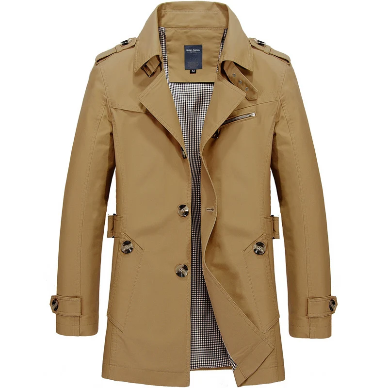 Herren Kurzer Doppelreihiger Trenchcoat mit Reverskragen, Schulterklappen und karierter Innenfütterung Nord Taschen