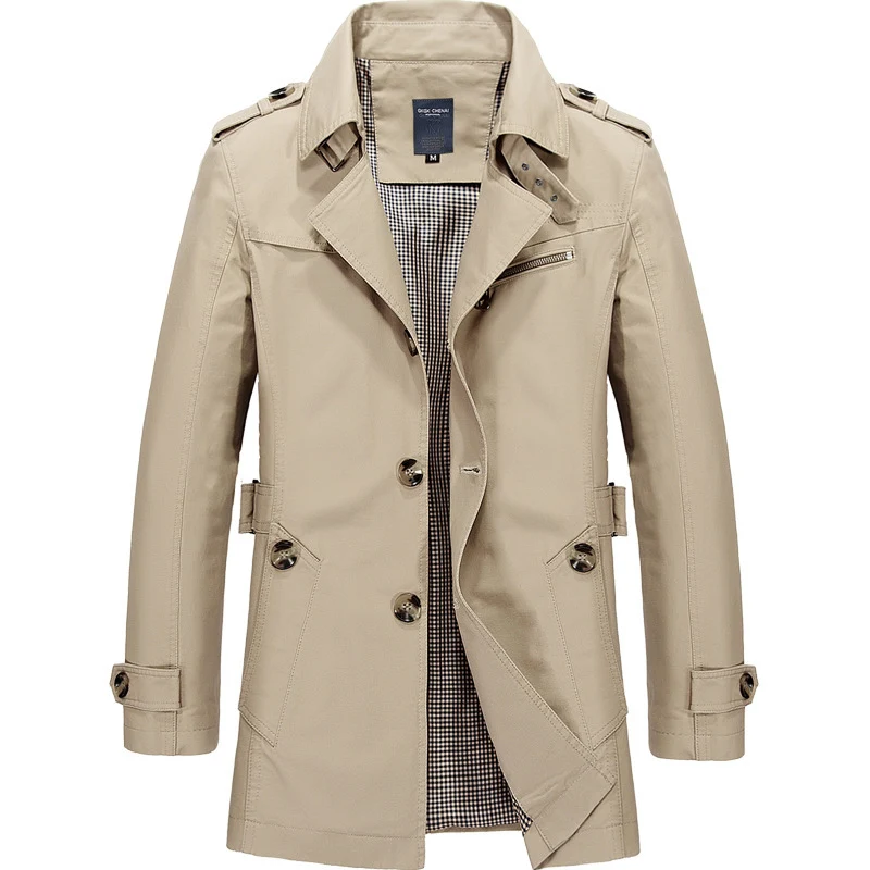 Herren Kurzer Doppelreihiger Trenchcoat mit Reverskragen, Schulterklappen und karierter Innenfütterung Nord Taschen