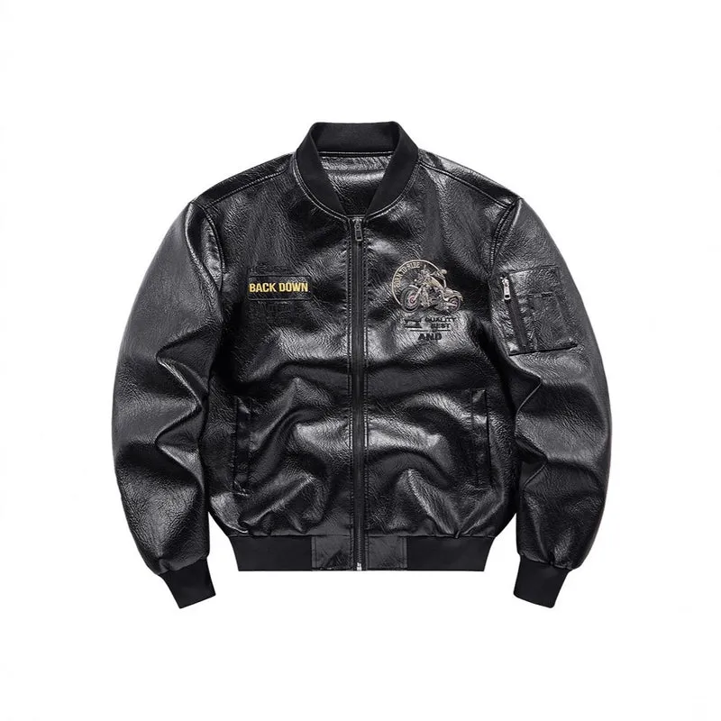 Herren Kunstleder‑Bomberjacke mit wärmender Fleece‑Innenfütterung, Motorrad‑Stickerei und Ärmeltasche Nord Taschen