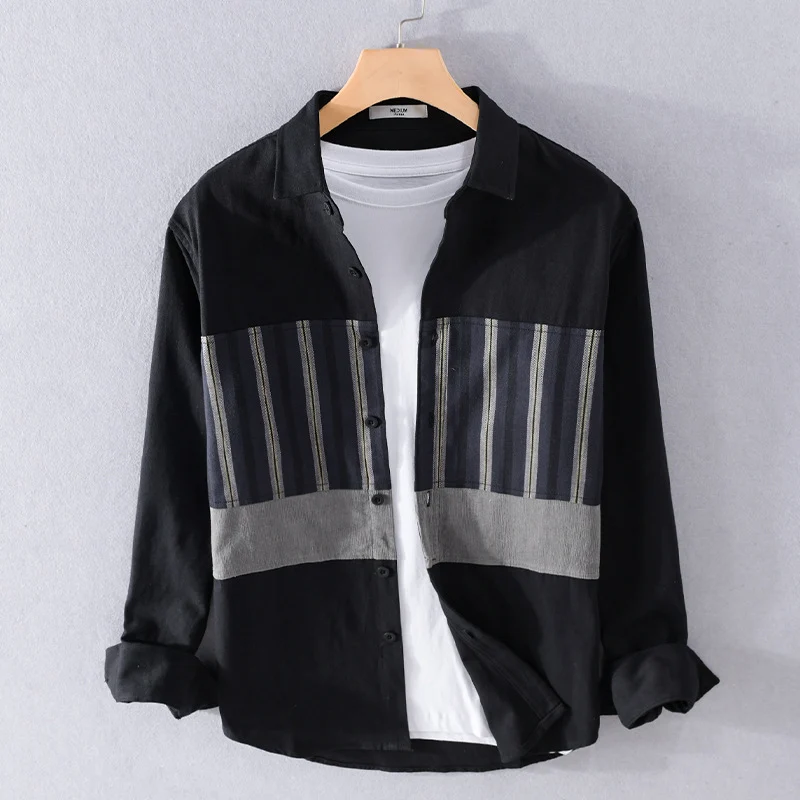Herren Leichtes Baumwoll-Overshirt mit eingewebten Streifenpanelen und Kentkragen Nord Taschen