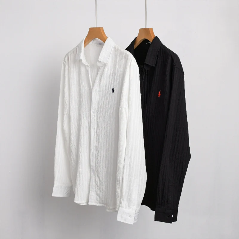 Herren Leichtes Baumwoll-Langarmhemd im Layering‑Stil mit feiner Crinkle‑Struktur und Kentkragen Nord Taschen