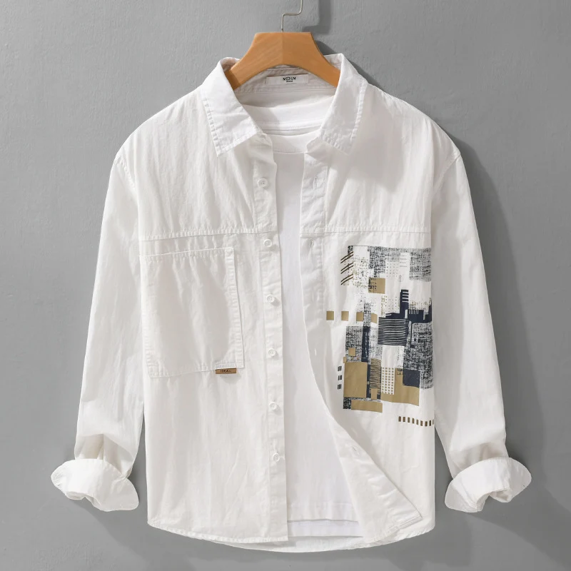 Herren Leichtes Baumwoll-Canvas-Overshirt mit abstraktem Frontprint und Doppelbrusttasche Nord Taschen