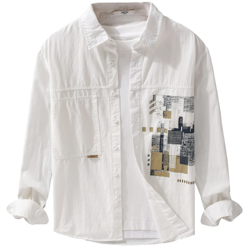 Herren Leichtes Baumwoll-Canvas-Overshirt mit abstraktem Frontprint und Doppelbrusttasche Nord Taschen