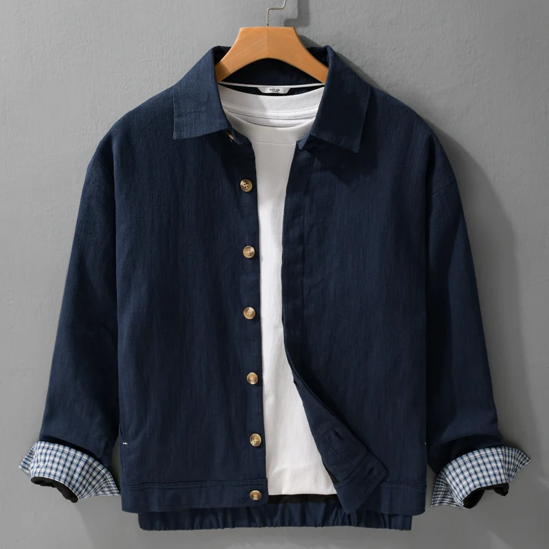 Herren Leichte Leinen-Überhemd-Jacke mit Hemdkragen und verdeckter Knopfleiste Nord Taschen