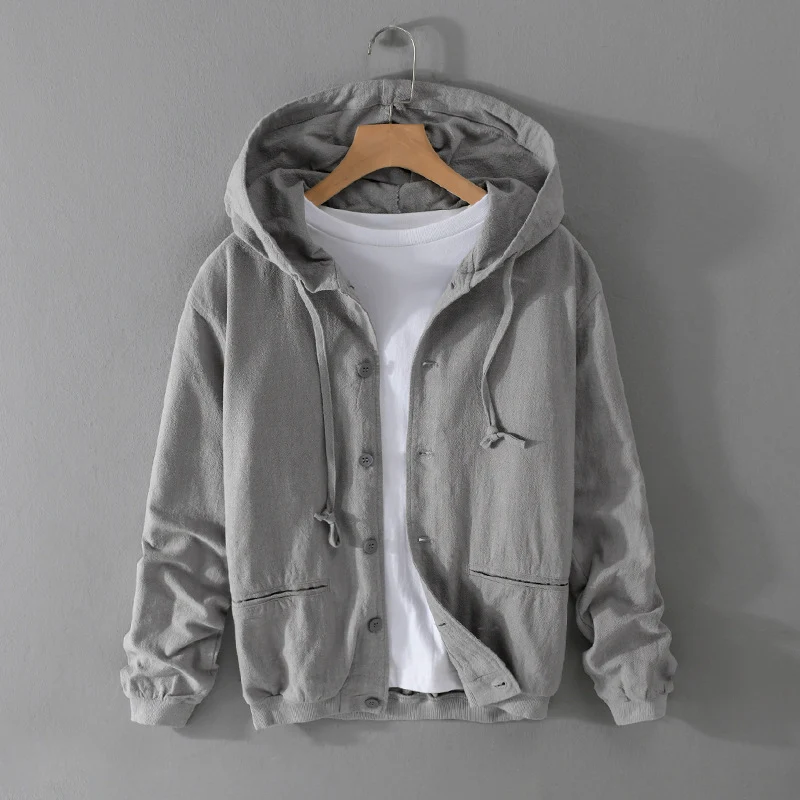 Herren Leichte Leinen-Hoodiejacke mit Knopfleiste und Kordelzug Nord Taschen
