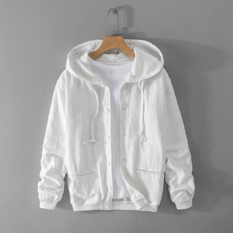 Herren Leichte Leinen-Hoodiejacke mit Knopfleiste und Kordelzug Nord Taschen