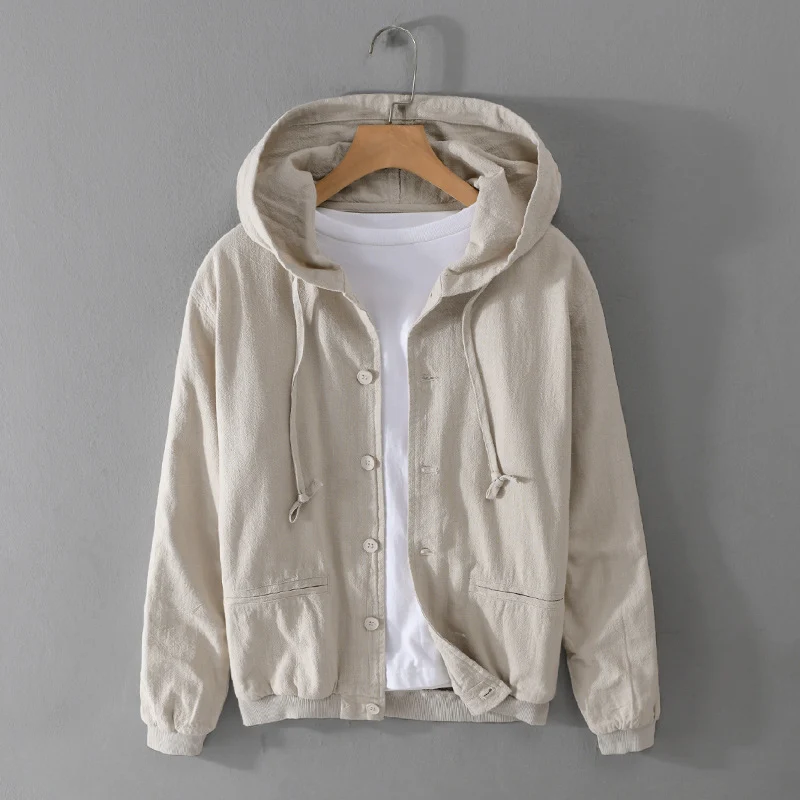Herren Leichte Leinen-Hoodiejacke mit Knopfleiste und Kordelzug Nord Taschen