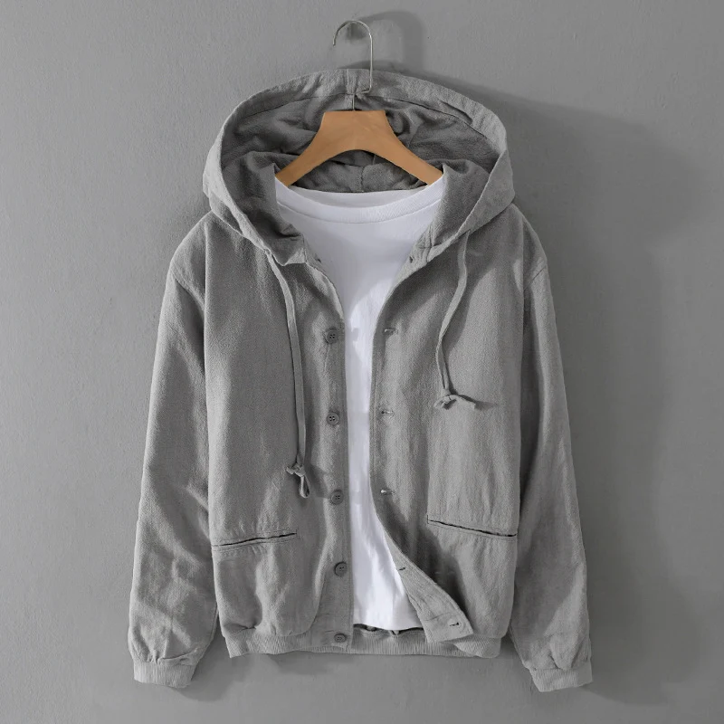 Herren Leichte Leinen-Hoodiejacke mit Knopfleiste und Kordelzug Nord Taschen