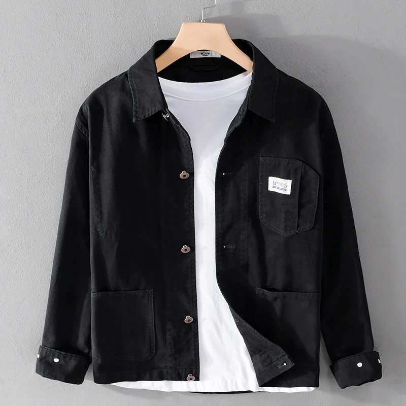 Herren Leichte Baumwoll-Chorejacke im Worker‑Stil mit Kentkragen und aufgesetzten Taschen Nord Taschen