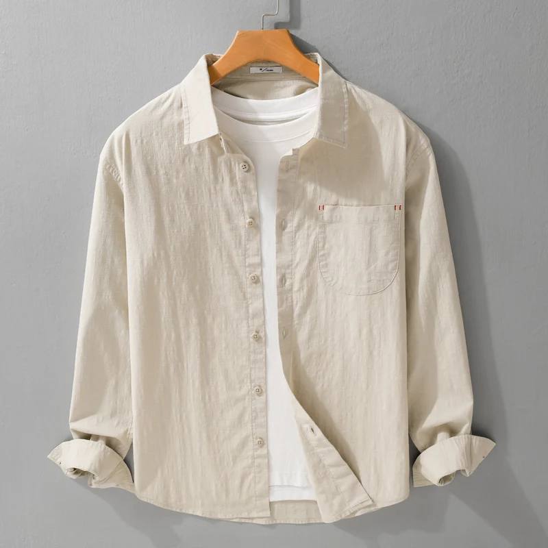Herren Layering-Hemd im Overshirt-Stil aus Baumwoll‑Leinen mit Kentkragen und aufgesetzter Rundtasche Nord Taschen