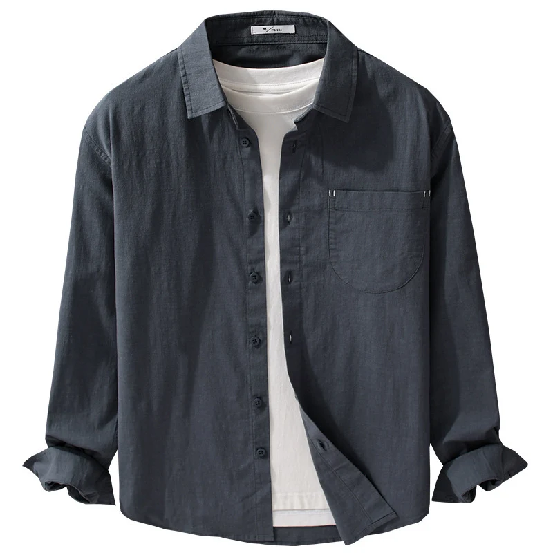 Herren Layering-Hemd im Overshirt-Stil aus Baumwoll‑Leinen mit Kentkragen und aufgesetzter Rundtasche Nord Taschen