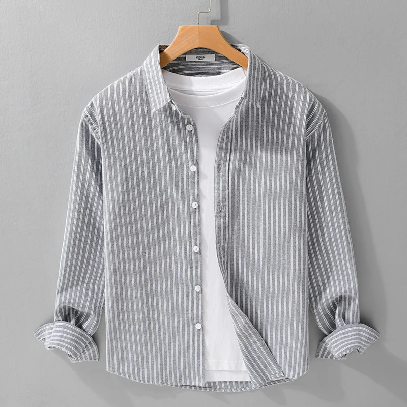 Herren Lässiges Leinen-Baumwoll-Langarmhemd mit feinem Nadelstreifen, Easy‑Care Finish und abgerundetem Saum Nord Taschen