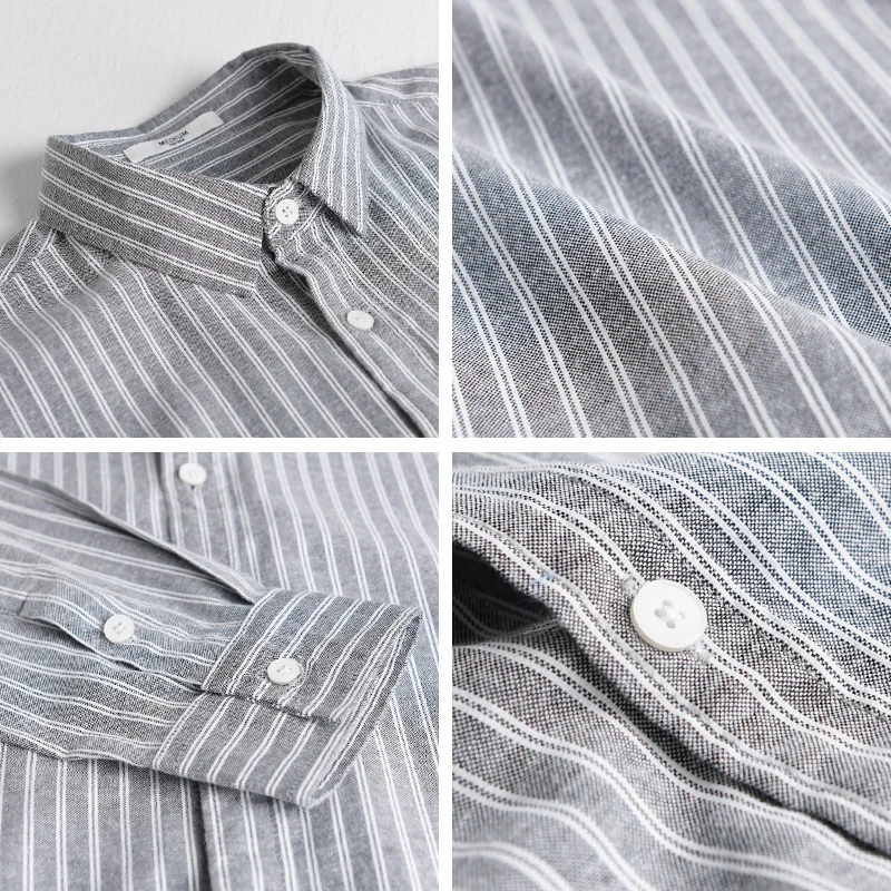 Herren Lässiges Leinen-Baumwoll-Langarmhemd mit feinem Nadelstreifen, Easy‑Care Finish und abgerundetem Saum Nord Taschen