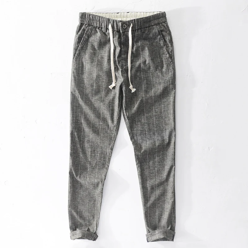 Herren lässige Hose mit elastischem Bund und Kordel schmal zulaufend Nadelstreifenoptik Nord Taschen