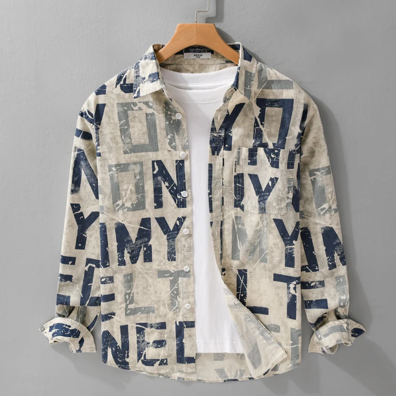 Herren Langarm-Hemdjacke mit großflächigem Typo‑Print aus Baumwollmix Nord Taschen