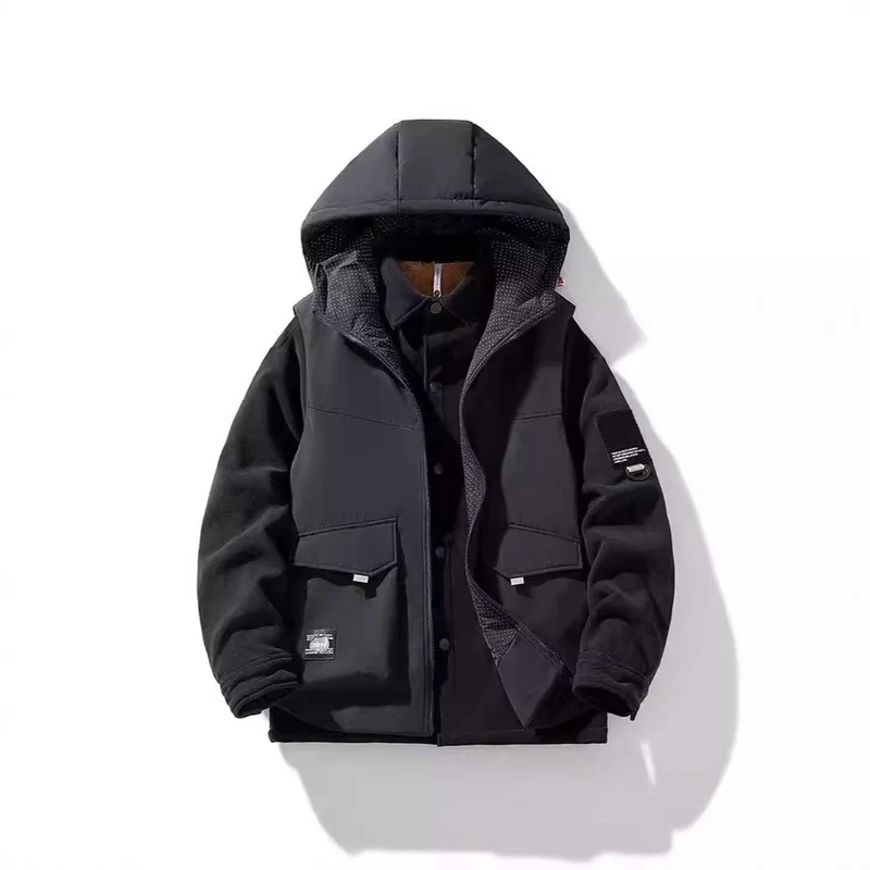 Herren Hybrid-Steppjacke mit Kapuze und Fleece-Ärmeln, Utility-Parka Nord Taschen