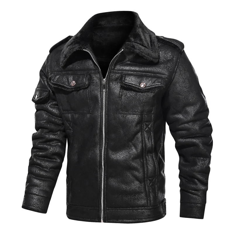 Herren Gefütterte Lammfell‑Imitat Bikerjacke mit Stehkragen und Pattentaschen Nord Taschen