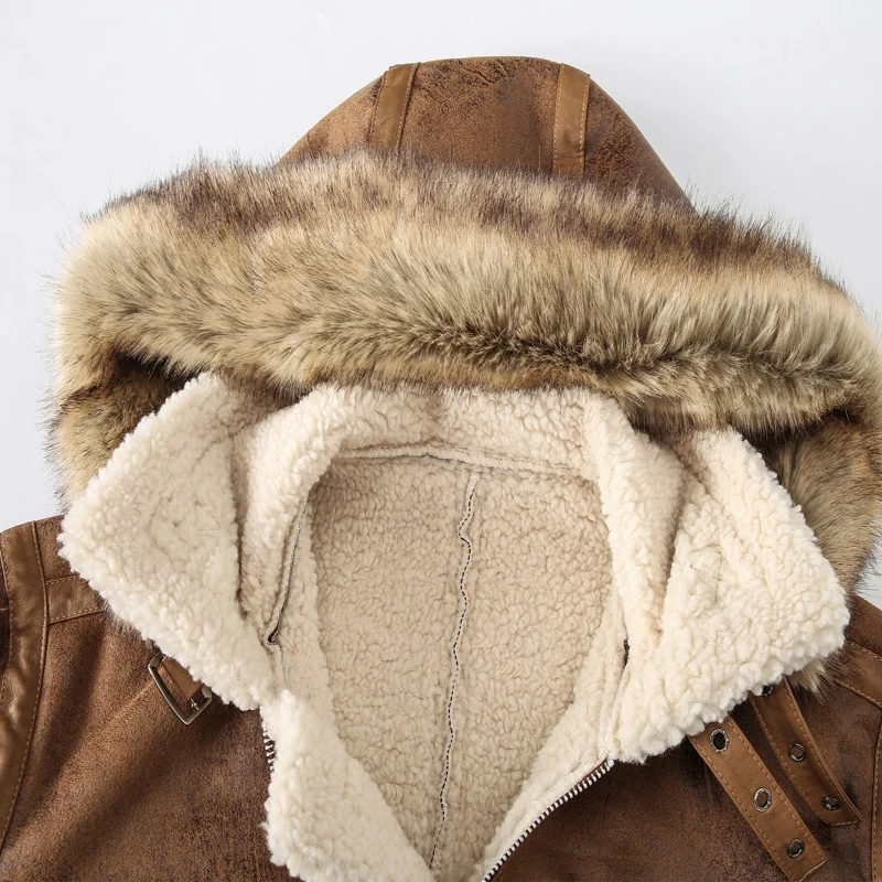 Herren Fliegerjacke aus Vintage-Lederoptik mit Teddyfutter und Kapuze Nord Taschen