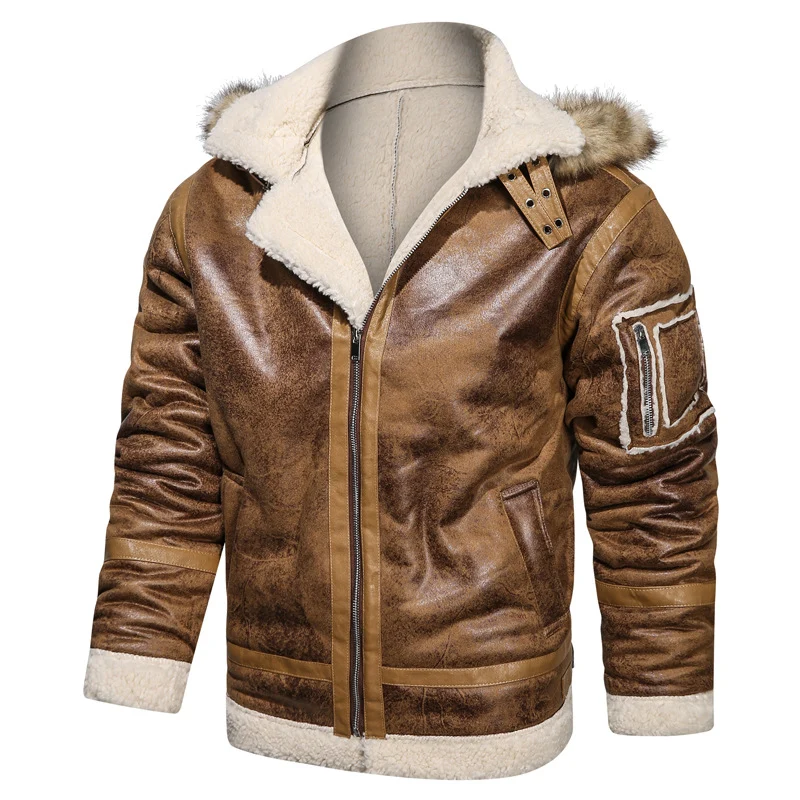 Herren Fliegerjacke aus Vintage-Lederoptik mit Teddyfutter und Kapuze Nord Taschen