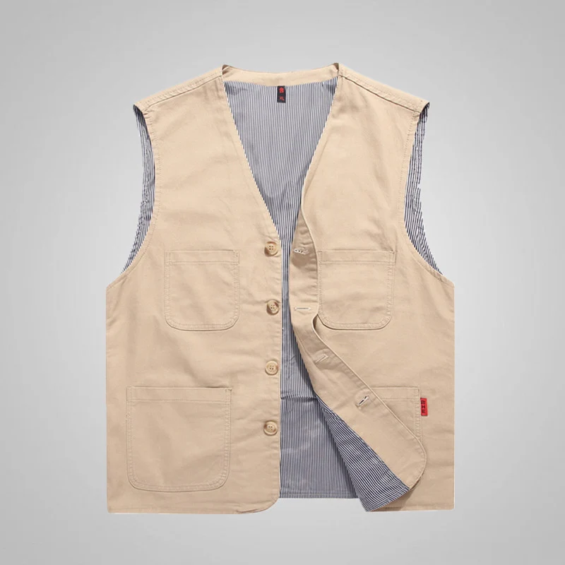 Herren Ärmellose Utility-Canvas-Weste mit V‑Ausschnitt, Knopfleiste und aufgesetzten Taschen Nord Taschen