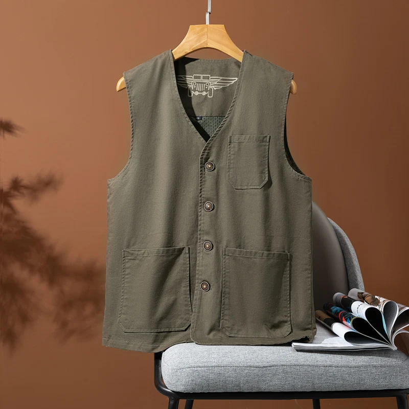Herren Ärmellose Utility-Canvas-Weste mit V‑Ausschnitt, Knopfleiste und aufgesetzten Taschen Nord Taschen