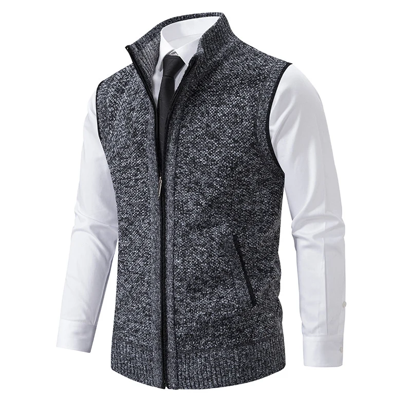 Herren Ärmellose Mélange‑Strickweste mit Stehkragen, durchgehendem Reißverschluss und Eingrifftaschen Nord Taschen
