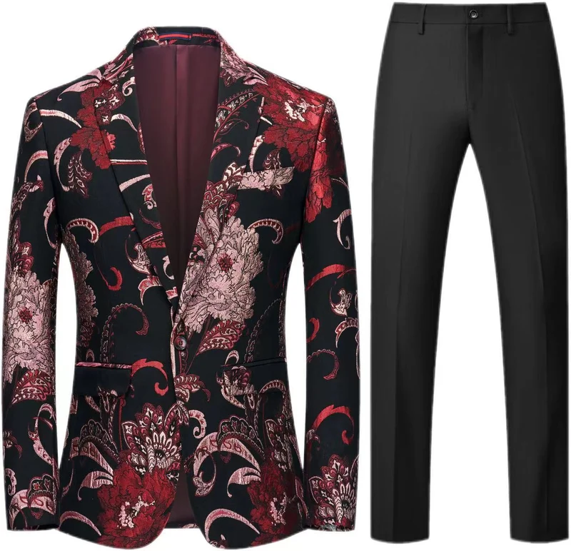 Damen Zweiteiliges Satin-Jacquard-Sakko mit floralem Muster und taillierter Passform sowie Slim-Fit Anzughose Nord Taschen