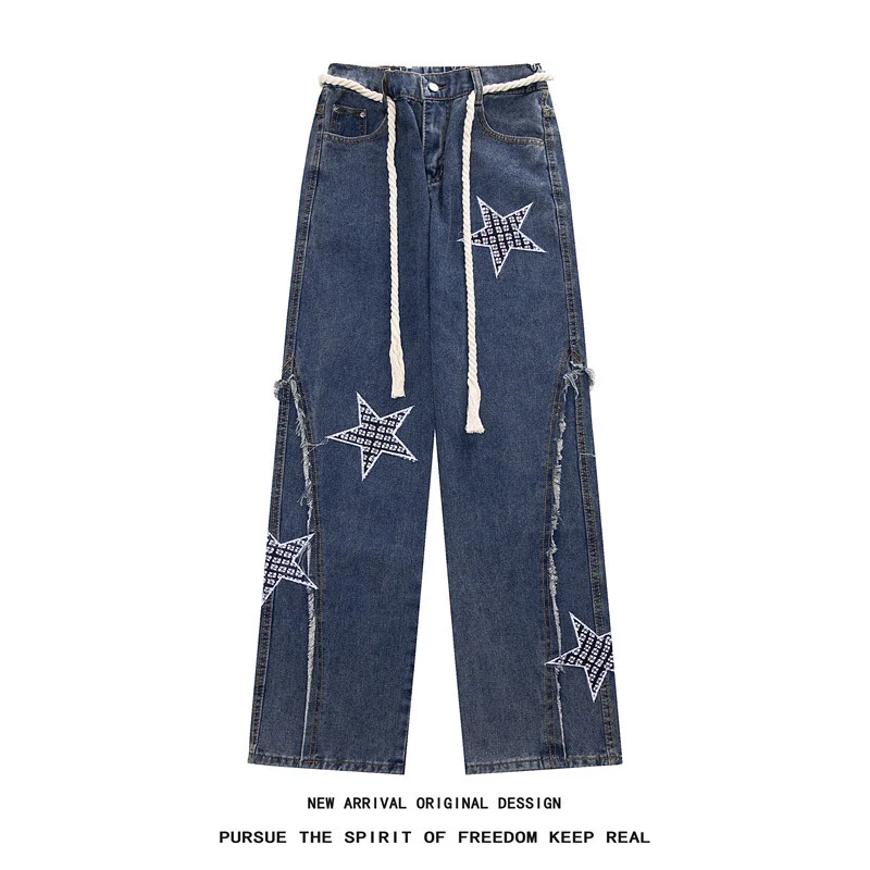 Damen Weite High‑Waist Denimhose mit Stern‑Applikationen, Fransen‑Seitenschlitzen und Kordelbund Nord Taschen