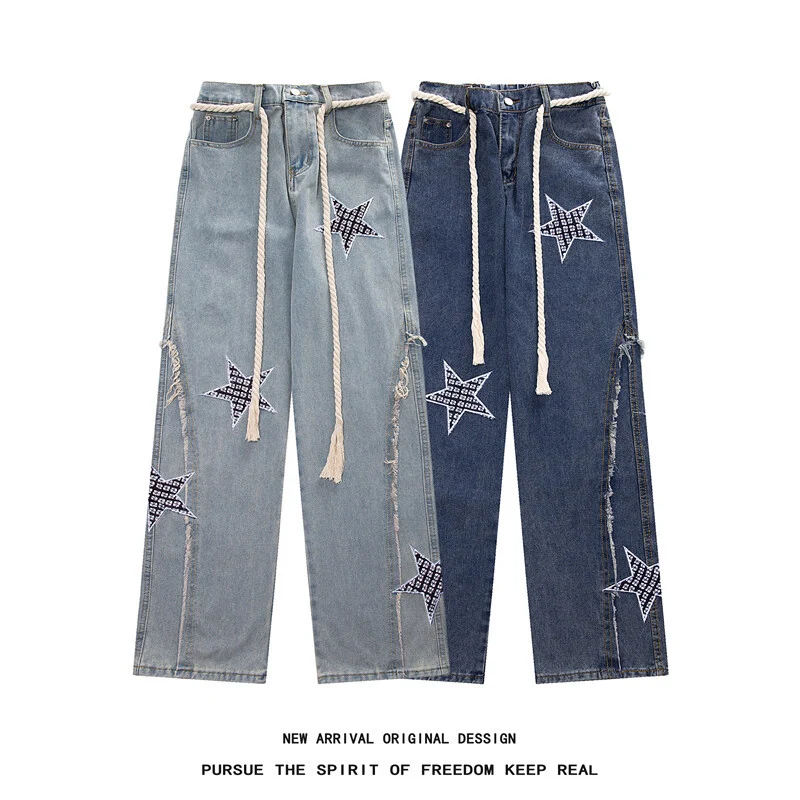 Damen Weite High‑Waist Denimhose mit Stern‑Applikationen, Fransen‑Seitenschlitzen und Kordelbund Nord Taschen