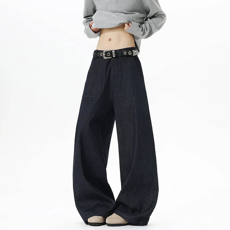 Damen Weite High Waist Denimhose mit extra weitem Bein und aufgesetzten Vordertaschen Nord Taschen
