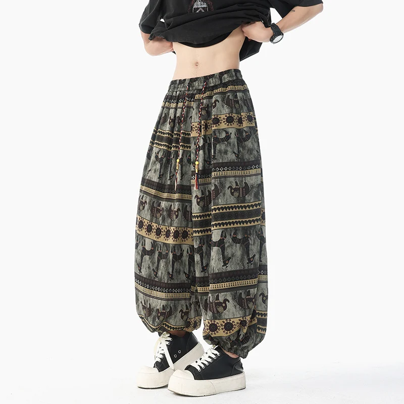 Damen Weite Boho-Haremshose aus Baumwollmix mit elastischem Bund und Ethno-Print Nord Taschen