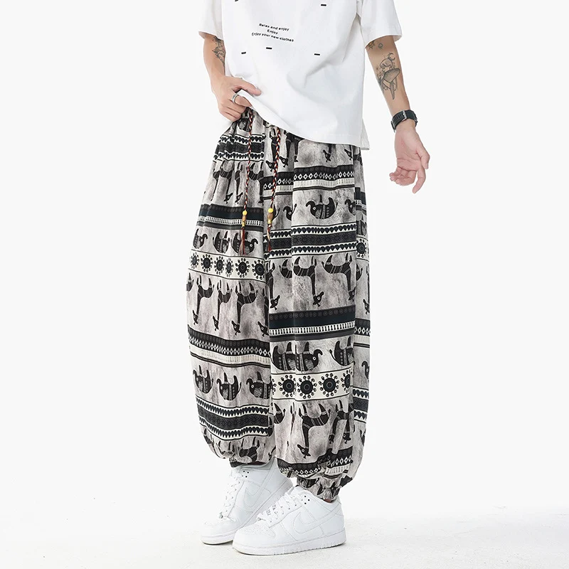 Damen Weite Boho-Haremshose aus Baumwollmix mit elastischem Bund und Ethno-Print Nord Taschen