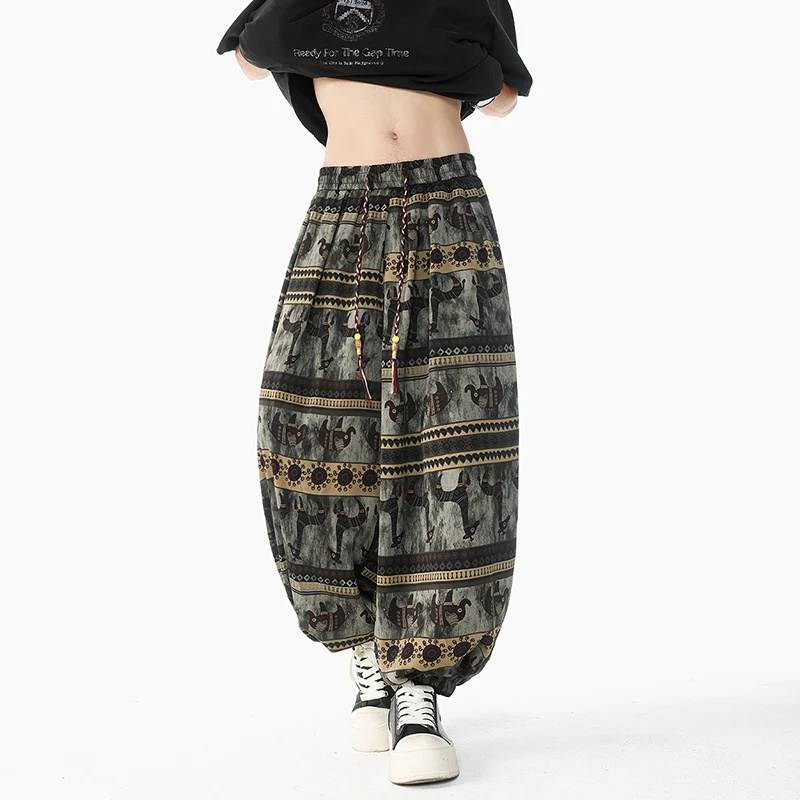 Damen Weite Boho-Haremshose aus Baumwollmix mit elastischem Bund und Ethno-Print Nord Taschen