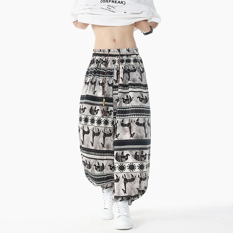 Damen Weite Boho-Haremshose aus Baumwollmix mit elastischem Bund und Ethno-Print Nord Taschen
