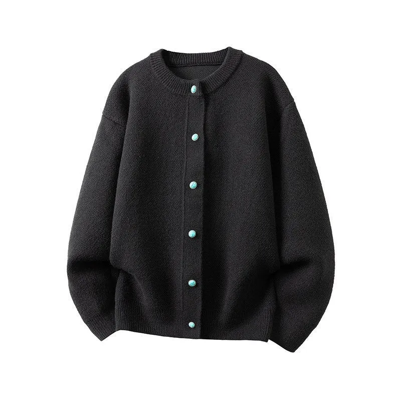 Damen Oversize-Strickjacke mit rundem Ausschnitt und kontrastknöpfen Nord Taschen
