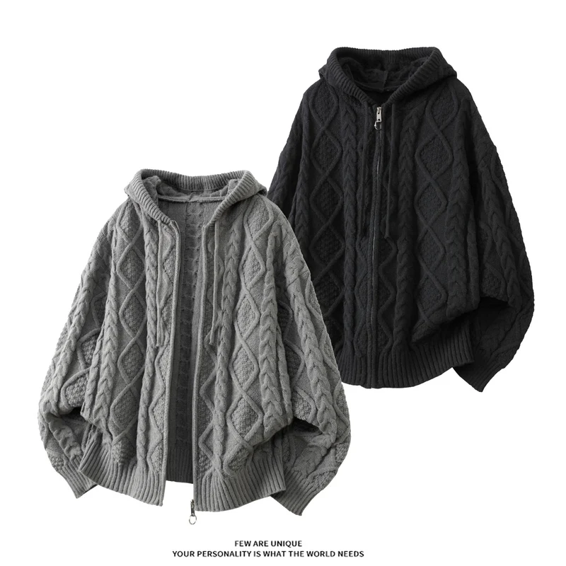 Damen Oversize Kapuzencardigan mit Zopfmuster und Frontreißverschluss Nord Taschen