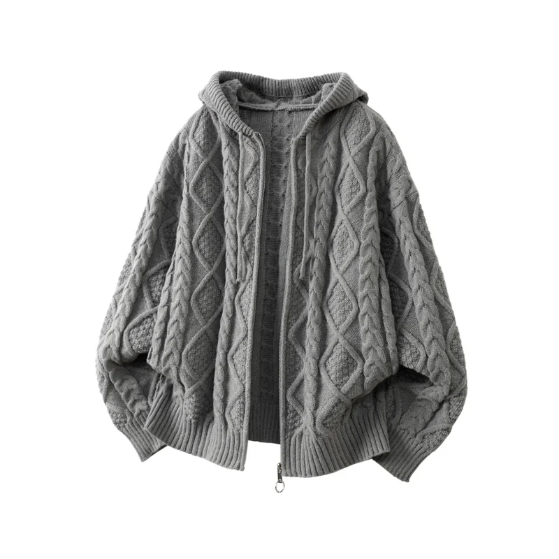 Damen Oversize Kapuzencardigan mit Zopfmuster und Frontreißverschluss Nord Taschen