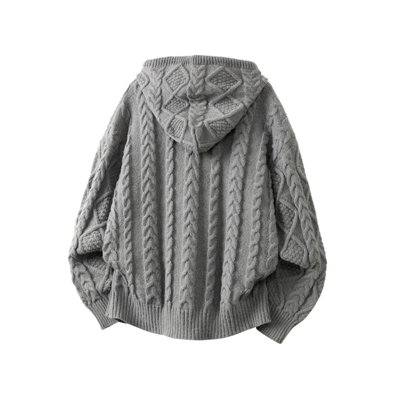 Damen Oversize Kapuzencardigan mit Zopfmuster und Frontreißverschluss Nord Taschen