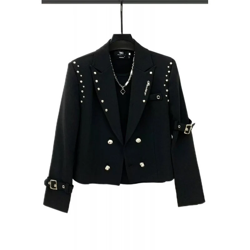 Damen Kurzer Doppelreiher-Blazer mit Nietenbesatz und Schnallenärmeln Nord Taschen