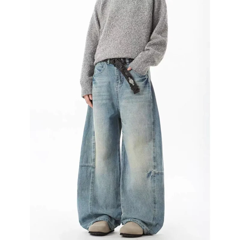 Damen Extraweite Vintage-Baggy-Jeans mit extra tiefem Schritt, entspannter Silhouette und used Waschung Nord Taschen