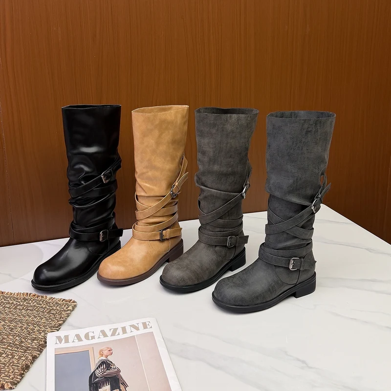 Damen Wadenhohe Bikerstiefel mit Wickelriemen und verstellbaren Schnallen Nord Taschen