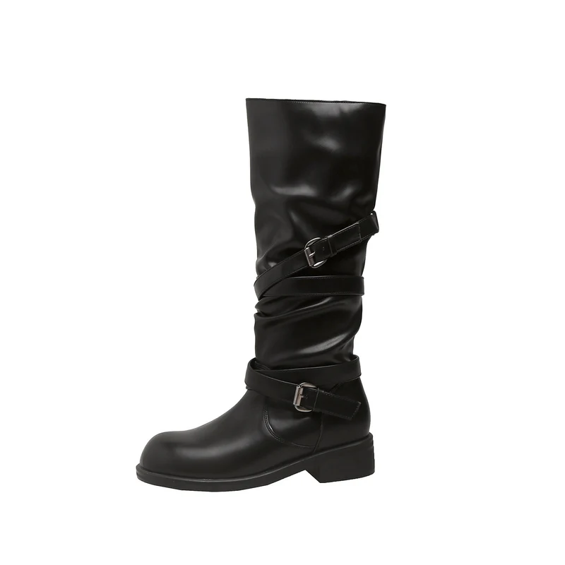 Damen Wadenhohe Bikerstiefel mit Wickelriemen und verstellbaren Schnallen Nord Taschen