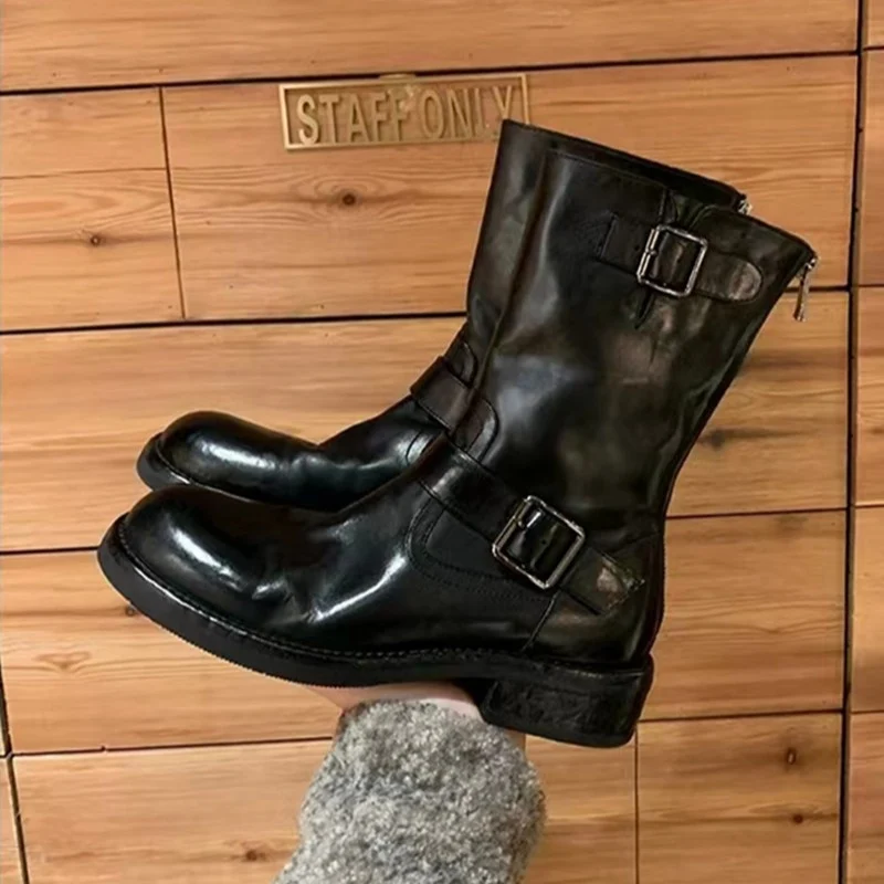 Damen Wadenhohe Biker‑Stiefel aus Glattleder mit Doppelgurt und Rückreißverschluss Nord Taschen