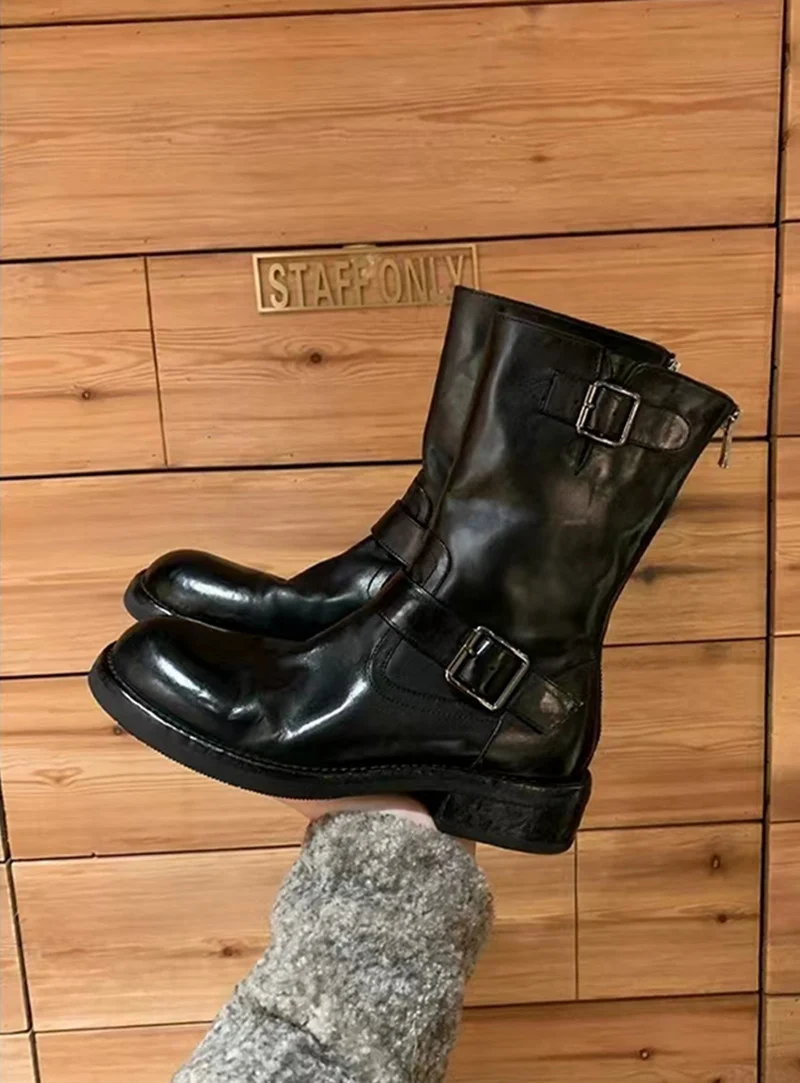 Damen Wadenhohe Biker‑Stiefel aus Glattleder mit Doppelgurt und Rückreißverschluss Nord Taschen