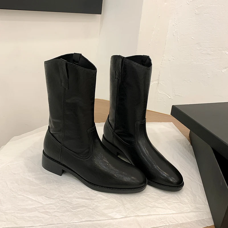 Damen Mid-Calf Western-Stiefel aus Glattleder mit niedriger Blockabsatz Nord Taschen