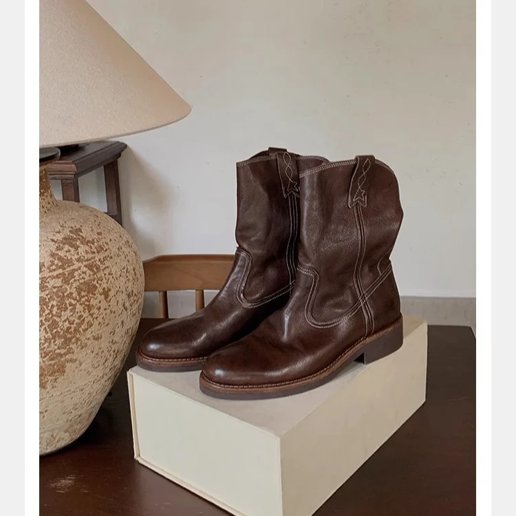 Damen Mid-Calf Western-Stiefel aus Glattleder mit niedriger Blockabsatz Nord Taschen