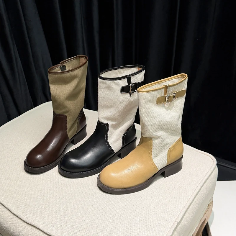 Damen Mid-Calf Stiefel aus Glattleder und Canvas mit Zier-Schnallenriemen Nord Taschen