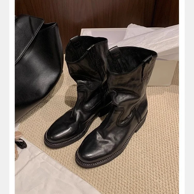 Damen Mid‑Calf Slouch Western‑Stiefel aus Glattleder mit Zuglaschen und profilierter Laufsohle Nord Taschen