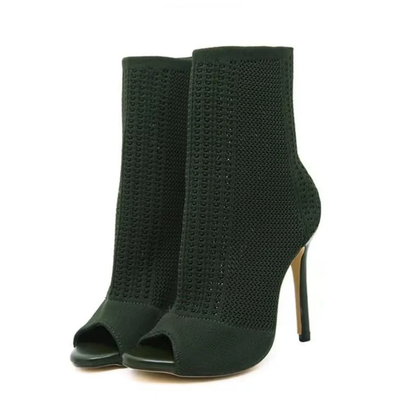 Damen Strick-Ankle Boots mit Peep-Toe und eleganten Absatz